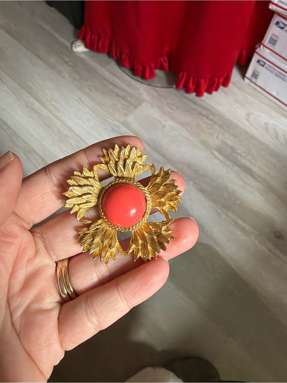 Mid century Gold-Tone Floral Brooch with Red Center